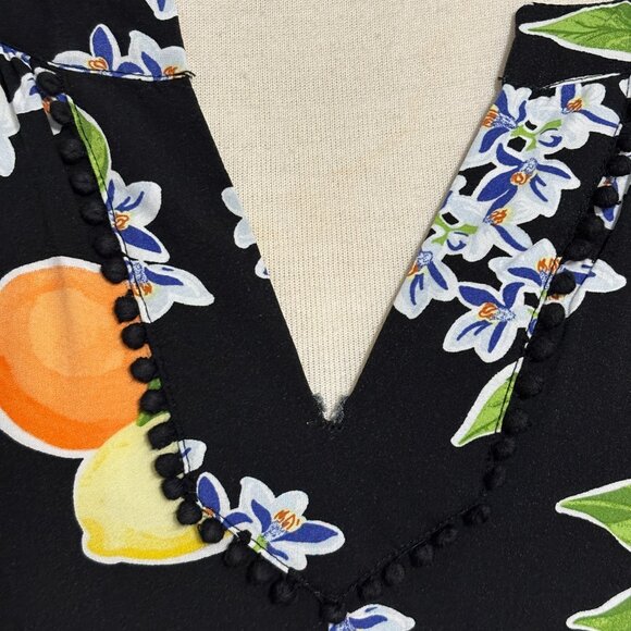 Crown‎ & Ivy XL Black Citrus Lemons Oranges Boho Dress Pom Trim Crochet Rayon - Picture 8 of 15